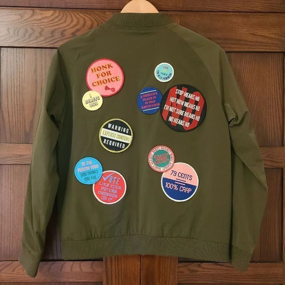 Wildfang Wild Feminist Collection Olive Bomber Jacket With Patches Xs — image 2 of 8